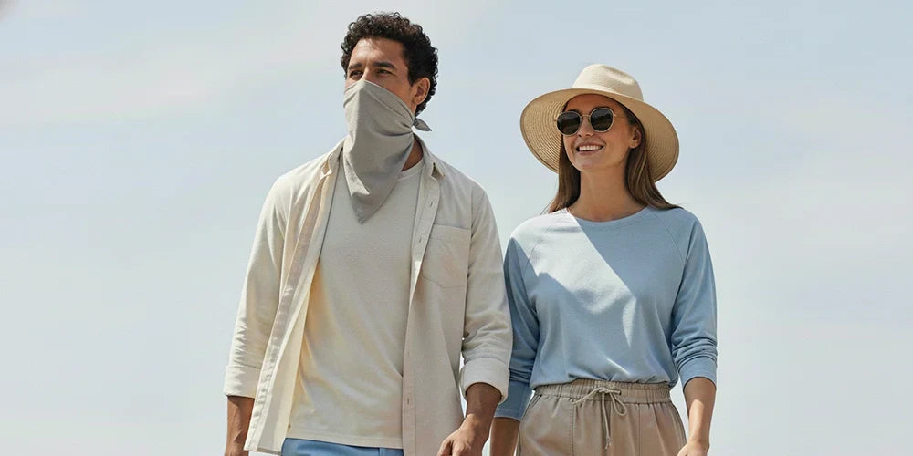 A modern lifestyle photo of a man and woman walking outdoors on a sunny day wearing sun protective clothes and cooling bandana