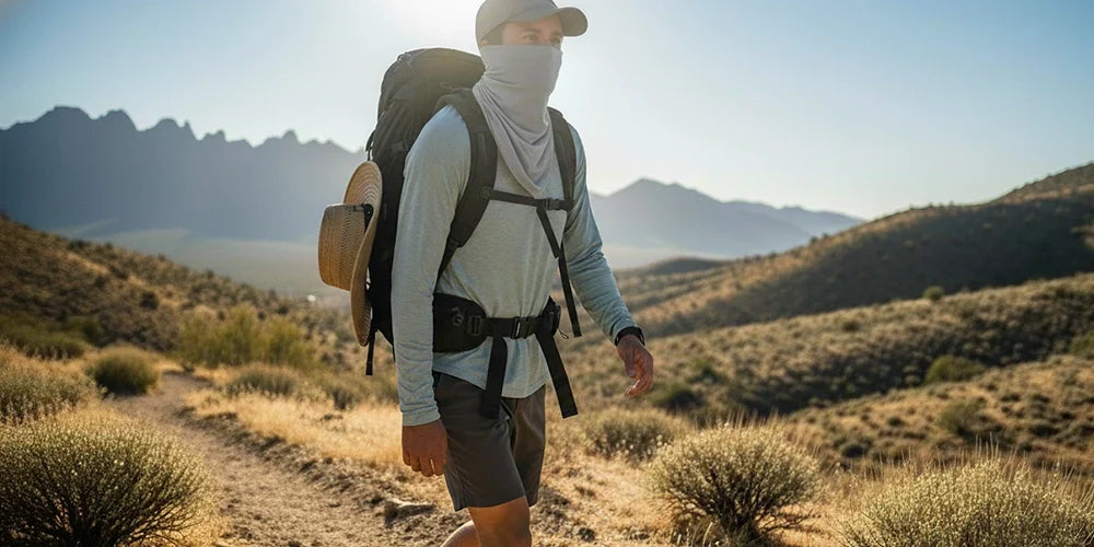 A hiker in a daylight wearing cooling bandana