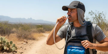 Hiker drinking from hydration bladder on a hot trail with electrolyte packs visible.