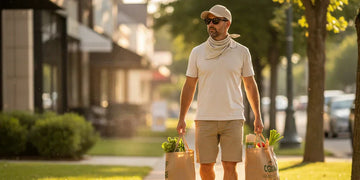Man walking with groceries wearing sun protection accessories on a bright day