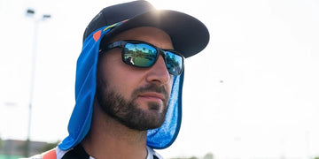 A man wearing UPF neck drape for sun protection.