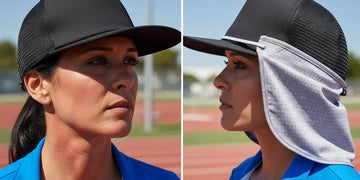 Comparison showing exposed neck versus UPF neck protection during intense sun exposure.