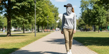 Woman walking in a sunny park wearing UPF sun-protective outfit and face covering