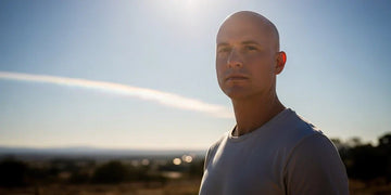 Shaved head exposed to direct sunlight outdoors.