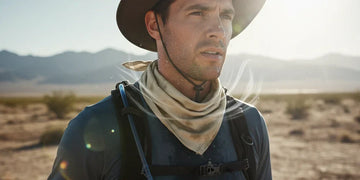 Person wearing a damp cooling bandana around the neck to stay cool during a heat wave.