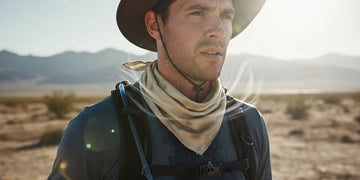 Person wearing a damp cooling bandana around the neck to stay cool during a heat wave.