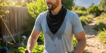 Cooling bandana helping a man stay comfortable in hot weather.