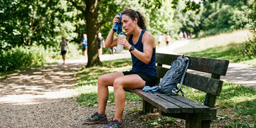 Person noticing early dehydration symptoms while taking a hydration break outdoors.