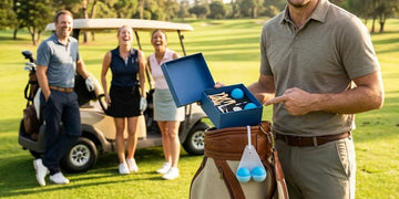 Golfer opening a funny and practical golf gift before a round.
