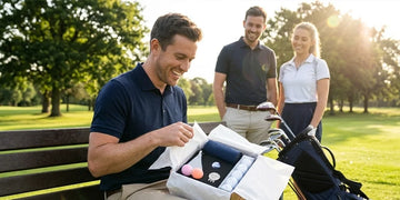 Golfer opening a thoughtful golf gift before heading onto the course.