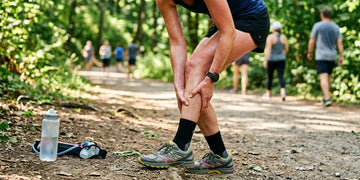 Runner experiencing a painful calf cramp during outdoor exercise in hot weather.