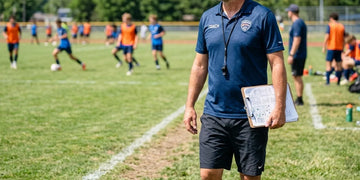 Outdoor coach standing on a sunny sideline during practice.