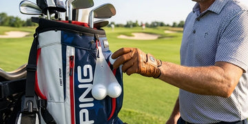 Golfer reaching for a ball from a silicone holder attached to a golf bag.