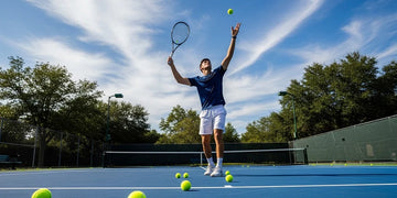 Tennis player practicing on court with essential accessories nearby.