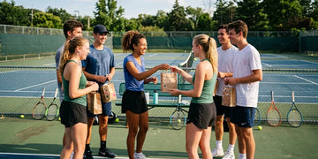 Tennis team exchanging practical gifts after an outdoor practice.
